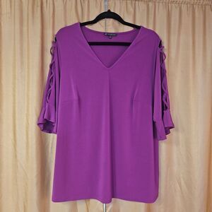 Adrianna Papell Magenta V-Neck Cold-Shoulder Blouse with Lattice Sleeves
